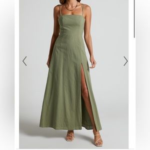 Showpo Marsha Midi Dress - High Split Slip Dress - khaki